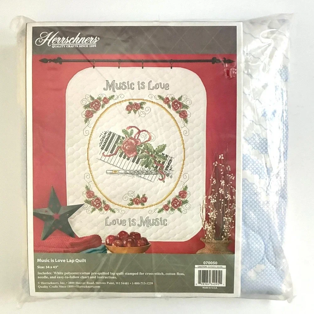 Herrschners Music is Love Lap Quilt Cross Stitch Kit Wall Hanging 34x43 Piano
